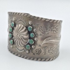 Vintage Fred Harvey Era 925 Sterling Silver Green Turquoise Cuff Bracelet *READ* - Additional view 1