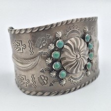 Vintage Fred Harvey Era 925 Sterling Silver Green Turquoise Cuff Bracelet *READ* - Additional view 2