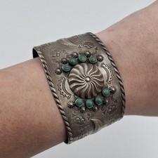 Vintage Fred Harvey Era 925 Sterling Silver Green Turquoise Cuff Bracelet *READ* - Additional view 8