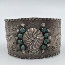 Vintage Fred Harvey Era 925 Sterling Silver Green Turquoise Cuff Bracelet *READ*