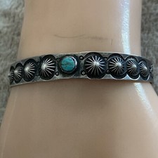 OLD Fred Harvey Era Navajo Sterling Silver Turquoise Reverse Punch Row Bracelet - Additional view 3