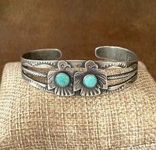 Vintage Fred Harvey Era RARE Double Thunderbird Sterling Turquoise Cuff Bracelet - Additional view 1