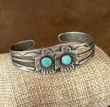 Vintage Fred Harvey Era RARE Double Thunderbird Sterling Turquoise Cuff Bracelet - Additional view 2