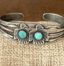 Vintage Fred Harvey Era RARE Double Thunderbird Sterling Turquoise Cuff Bracelet - Additional view 3
