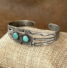 Vintage Fred Harvey Era RARE Double Thunderbird Sterling Turquoise Cuff Bracelet - Additional view 5