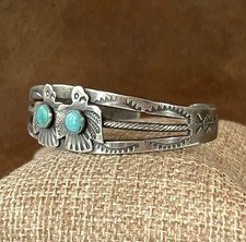 Vintage Fred Harvey Era RARE Double Thunderbird Sterling Turquoise Cuff Bracelet - Additional view 6