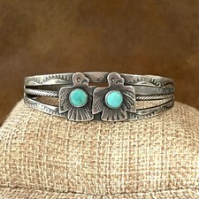 Vintage Fred Harvey Era RARE Double Thunderbird Sterling Turquoise Cuff Bracelet