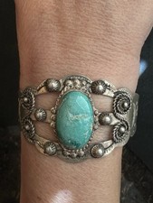 Old Fred Harvey Double Thunderbird Sterling Silver Turquoise Cuff Bracelet 1950s - Additional view 1
