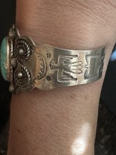 Old Fred Harvey Double Thunderbird Sterling Silver Turquoise Cuff Bracelet 1950s - Additional view 3