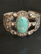 Old Fred Harvey Double Thunderbird Sterling Silver Turquoise Cuff Bracelet 1950s