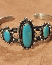 Vintage Women's Sterling Turquoise Cabochons Stamped Harvey Era Cuff Bracelet - Additional view 2