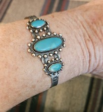 Vintage Women's Sterling Turquoise Cabochons Stamped Harvey Era Cuff Bracelet - Additional view 9