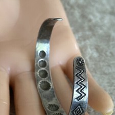 OLD Fred Harvey Era Navajo Sterling Silver Turquoise Reverse Punch Row Bracelet - Additional view 13