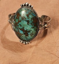 VNTG Large Handcrafted Fred Harvey Era Sterling Turquoise Stamped Cuff Bracelet
