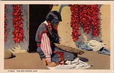 The Red Pepper Lady Indian Woman Fred Harvey c1935 Linen Postcard