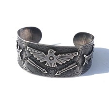 Vtg Navajo style Fred Harvey era Large Sterling Silver Thunderbird Cuff c1950 - Additional view 1