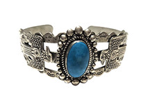 Vintage Navajo Silver & Turquoise Cuff Bracelet Fred Harvey Era Thunderbird
