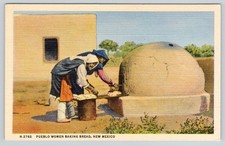 Postcard Native American Pueblo Women Baking Bread New Mexico Fred Harvey