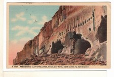 1945 Fred Harvey Linen Postcard New Mexico Cliff Dwellings Puye Santa Fe-FL1