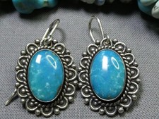Fred Harvey NAVAJO Natural BLUE GEM TURQUOISE Sterling Silver 1.3" EARRINGS 👋😍