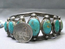 Fred Harvey Era NAVAJO Natural BLUE GEM TURQUOISE Coin Silver 63g Cuff Bracelet - Additional view 3