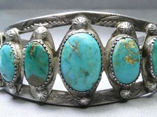 Fred Harvey Era NAVAJO Natural BLUE GEM TURQUOISE Coin Silver 63g Cuff Bracelet - Additional view 4