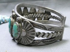 Fred Harvey Era NAVAJO Natural BLUE GEM TURQUOISE Coin Silver 63g Cuff Bracelet - Additional view 8