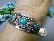 Fred Harvey Era NAVAJO Natural Nevada TURQUOISE Coin Silver MANY MOONS Bracelet - Additional view 1