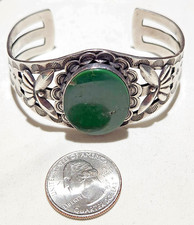 Fred Harvey Era Coin Silver Navajo Stamps Gorgeous Green Turquoise Cuff Bracelet - Additional view 1