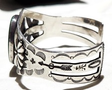 Fred Harvey Era Coin Silver Navajo Stamps Gorgeous Green Turquoise Cuff Bracelet - Additional view 12