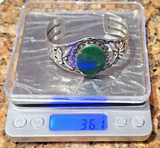 Fred Harvey Era Coin Silver Navajo Stamps Gorgeous Green Turquoise Cuff Bracelet - Additional view 21