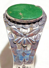 Fred Harvey Era Coin Silver Navajo Stamps Gorgeous Green Turquoise Cuff Bracelet - Additional view 5