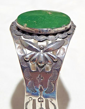 Fred Harvey Era Coin Silver Navajo Stamps Gorgeous Green Turquoise Cuff Bracelet - Additional view 6