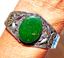 Fred Harvey Era Coin Silver Navajo Stamps Gorgeous Green Turquoise Cuff Bracelet