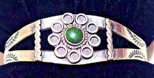 Fred Harvey Era Coin Silver Navajo Stamping Green Turquoise Cuff Bracelet - Additional view 1