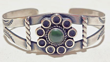 Fred Harvey Era Coin Silver Navajo Stamping Green Turquoise Cuff Bracelet - Additional view 4