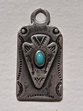 Vtg 30s Fred Harvey Era Navajo Sterling Turquoise Arrowhead Luggage Tag Pendant