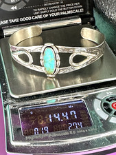 VTG FRED HARVEY ERA BELL TRADING STERLING TURQUOISE CUFF BRACELET SMALL - Additional view 4