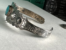 VTG FRED HARVEY ERA SILVER PLATE SPIDER WEB TURQUOISE CUFF BRACELET SMALL - Additional view 2