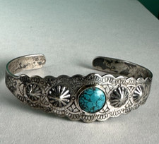 VTG FRED HARVEY ERA SILVER PLATE SPIDER WEB TURQUOISE CUFF BRACELET SMALL