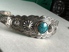 VTG FRED HARVEY ERA SILVER PLATE SPIDER WEB TURQUOISE CUFF BRACELET SMALL - Additional view 1