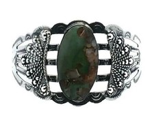 Vintage Fred Harvey Era, Large Oval Green Turquoise Cuff Bracelet - 7 Inch Wrist