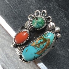 Old Pawn Sterling Silver Native American Fred Harvey Turquoise Coral Ring Sz 7.7 - Additional view 1