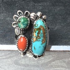 Old Pawn Sterling Silver Native American Fred Harvey Turquoise Coral Ring Sz 7.7 - Additional view 2