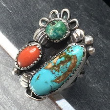 Old Pawn Sterling Silver Native American Fred Harvey Turquoise Coral Ring Sz 7.7 - Additional view 11