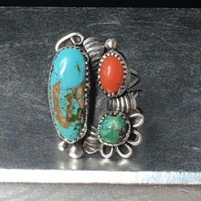 Old Pawn Sterling Silver Native American Fred Harvey Turquoise Coral Ring Sz 7.7 - Additional view 12