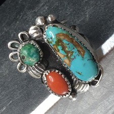 Old Pawn Sterling Silver Native American Fred Harvey Turquoise Coral Ring Sz 7.7 - Additional view 13