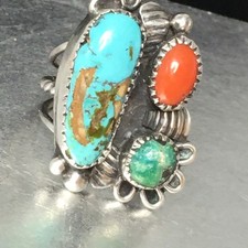 Old Pawn Sterling Silver Native American Fred Harvey Turquoise Coral Ring Sz 7.7 - Additional view 14