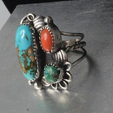 Old Pawn Sterling Silver Native American Fred Harvey Turquoise Coral Ring Sz 7.7 - Additional view 15