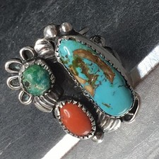 Old Pawn Sterling Silver Native American Fred Harvey Turquoise Coral Ring Sz 7.7 - Additional view 16